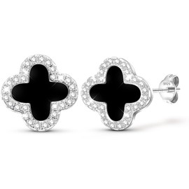 Forever Love Clover Earrings Silver 925 Earrings Women's Stud Earrings Rose Gold Stud Earrings Women's Black Four Leaf Clover Jewellery with Mini Zircon Dupes Jewellery Gift for Women, Silver