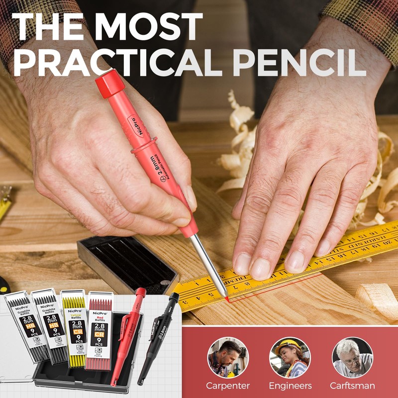Nicpro CP3000 Carpenter Pencils with Sharpener, 2 Pack Mechanical Pencil