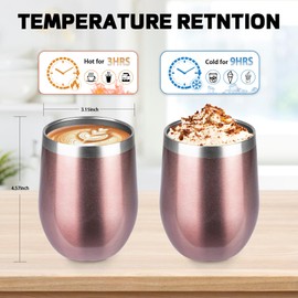 6 Pack Stainless Steel Wine Tumbler with lid. 12OZ Stemless Double Wall Insulated Wine Tumbler.Wine Glass is suitable for different scenes, parties,outdoor, gifts and so on.(Rose Gold, 6)