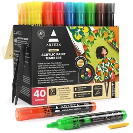 Arteza Acrylic Paint Markers, 40 Vibrant Acrylic Paint Pens with Bullet Nibs & Replaceable Chisel Tips, Craft and Art Supplies for Glass, Pottery, Ceramic, Plastic, Rock, and Canvas Painting