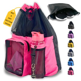 JIMJOOS Drawstring Mesh Swimming Bag - 25L Waterproof Swim Bag with Wet/Dry Compartment, Multifunctional Sports Backpack for Kids, Adults, Swimming, Surfing, Beach, Gym (Pink)