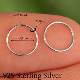 Small Cartilage Hoop Sterling Silver Huggie Hoop Earrings for Women Cartilage Nose Helix Tragus (Silver, 6mm 24 gauge / 1 pair)