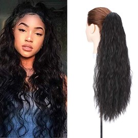 Ponytail Extension, Clip-In Extensions, Corn Wave Hair Extensions with Clip, Soft, Natural Ponytail Hairpiece, 60 cm - 165 g, #Natural Black