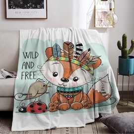 LLTTEER Fox Cuddly Blanket for Children, Flannel Blanket, Children's Blanket 3D Fox Pattern Fluffy Plush Blanket, Fleece Blanket, TV Blankets for Bed, Sofa (Fox 01, 130 x 150 cm)