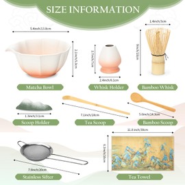 Matcha Whisk Set, Pink Matcha Bowl with Spout, 8PCS Matcha kit, Matcha Whisk and Bowl, Matcha Chasen, Bamboo Scoop, Scoop Rest, Sifter and Tea Towel, Gifts and Ceremony Set for Macha Lovers.(Pink)