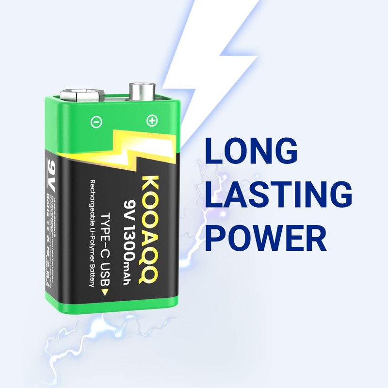 KOOAQQ 2-Pack Rechargeable 9v Batteries, USB-C Recharge with 2 in