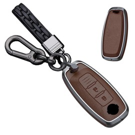 TECART Key Fob Cover Case Metal Key shell Full Protection Fit for Nissan Ariya Kicks X-Trail Rogue Leather Key Cover 3 Button, A Leather-keychain-brown