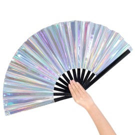 Grevosea Large Folding Hand Rave Fan, 13" Glitter Holographic Rave Folding Fan for Lridescent Festivals Rainbow Outfits Disco Party Home Decoration and Cooling in Various Occasions