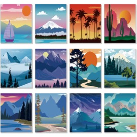 Sherr 12 Pcs Pre Drawn Canvas Pre Printed Canvas Set for Adults Cute Printed to Paint Set Theme Painting for Summer Party Favor(Landscape,8 x 8 Inch)