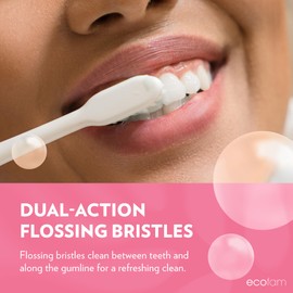 ECOFAM Compostable Toothbushes, Dual Action Flossing Bristles, Silver Infused Soft Bristle Toothbrush, Natural Toothbrushes for Adults, Pink, 4-Pack