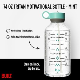 Byo 74 Oz Tritan Motivational Bottle with Straw (Mint) - BPA-Free & Leakproof with Wide Mouth, Carry Handle Lid, Dishwasher Safe - Hydration Tracker for Gym, Fitness, Healthy Lifestyle
