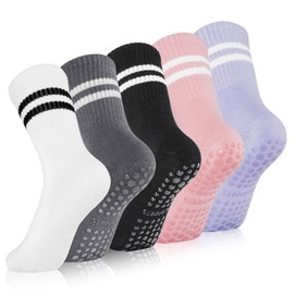 OIFIKAA 5pcs Non-Slip Yoga Socks for Women - Grippy Pilates Socks, Breathable Cotton Workout Sock for Yoga, Gym, Pilates, Dance, Running