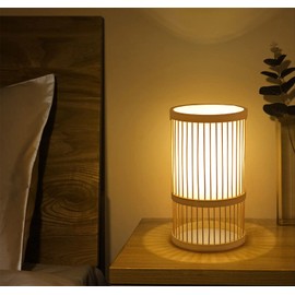 AFORTLO Table Desk Lamp,Bamboo Boho Decorative Nightstand Night Light Japanese Hollow-Out Lamp Home Decor for Bedroom,Living Room,End Table or Office with Bulb