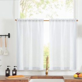 TOPICK Kitchen Panel Curtains, Linen Kitchen Curtains, Farmhouse Window Curtains, Short for Living Room, Bathroom, Laundry, Half Window Curtains, Light Filtering, 65 W x 90 H (cm) Set of 2, White
