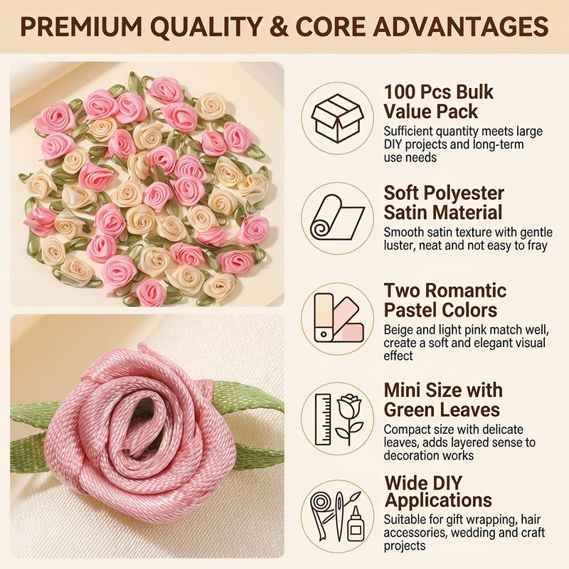 100 Pcs Mini Satin Ribbon Rose for Crafts