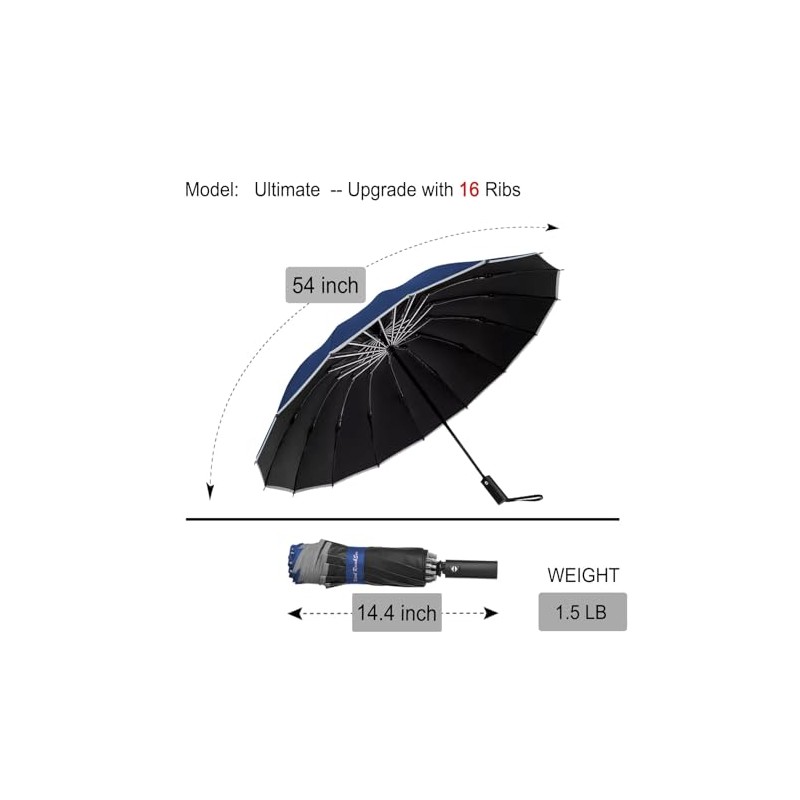 Ultimate Windproof Inverted Travel Umbrella 16 Rib with Reflective Edges,