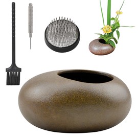 WANDIC Flower Arranging Supplies, Round Flower Frog & Ceramic Flower Pot Brown Pebble Flower Arrangement Pot for Ikebana Floral Art Home Office Decoration Indoor Outdoor