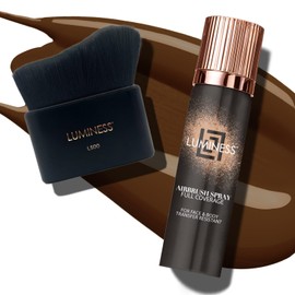 LUMINESS Airbrush Body Coverage with Self Tanner Brush - Tattoo Cover Up Makeup - Full Coverage Foundation for Face & Body - Water-Resistant, Long-Wear, Natural Radiant Finish, Deep Rich