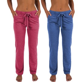 Sexy Basics Women's 2 Pack Ultra Soft French Terry Cotton Drawstring Yoga Lounge Long Pants (2 Pack -Denim Blue/Pink, Medium)