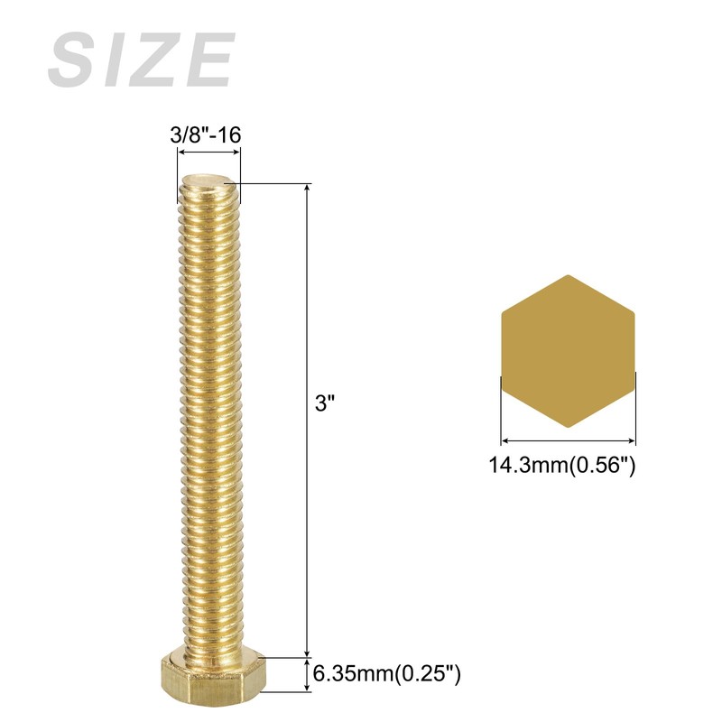 METALLIXITY Hex Head Screw Bolt (3/8-16x3") 2Pcs, Brass Fully Threaded