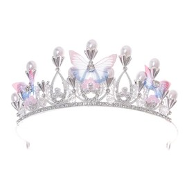 Girls Tiara Butterfly Princess Crown Gold Pearl Headband Rhinestone Hairpiece for Girls Decorative Princess Tiaras Hair Accessories (Silver)
