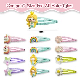 NICECONE 12 Pcs Girls Unicorn, Rainbow, Shell, Mermaid Hair Clips, Snap Clips with Cute Flower Pattern Barrettes Hair Pins Sparkly Hair Accessories for Toddler Little Girl Birthday Party Gifts