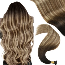 YoungSee I Tips Hair Extensions Balayage Itips Hair Extensions Human Hair Dark Brown Ombre Blonde with Brown Tip Hair Extension for Women Real Hair 16 Inch Pre Bonded Hair Extension for Girl 80s 50g