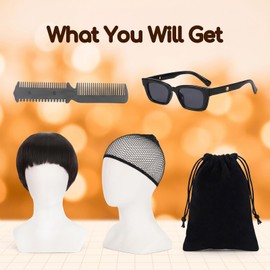 Thhiit 5 Pcs Bowl Cut Wig Set, Funny Black Bangs Toupee Wigs for Women Men