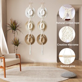 Didmortool 2PCS Macrame Hat Hanger, Hand Weaving Bohemian Hat Rack for Wall, Hat Hanger, Cowboy Hat Holder, Cowboy Hat Hanger, for Wide Brim Hats, Bowler Fedora Hats, Straw Hats, Closet Door Display