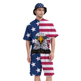 Wilumi Male American Flag Romper 4th of July Overalls Patriotic Hawaiin Jumpsuits One Piece 3D Graphic Playsuit Party Suit with Bucket Hats Large