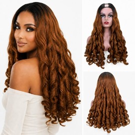 24 Inch U Part Ombre Brown Loose Water Wave Wig, Yaki Curly Wigs, Middle Part Synthetic Glueless Wavy Half Wig for Black Women Heat Resistant Hair