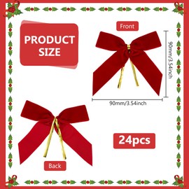 FINGERINSPIRE 24Pcs Red Velvet Bows for Christmas Tree, 90x90mm/3.5x3.5inch Red Velvet Ribbon Bows with Wired Twist Tie Pre-Tied Vintage Christmas Ribbon Bows for Wreaths/Garlands/Crafts/Wedding/Party