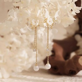 RIXERKOC Pearl Flower Dangle Earrings Women Long Tassel Beads Hanging Earrings Hypoallergenic Flower Drop Earrings with CZ Pendant Dainty Wedding Jewellery for Brides, One size, Copper, Cubic Zirconia