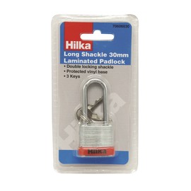 Hilka Tools 70606030 Long Shackle 30mm Laminated Padlock, Silver