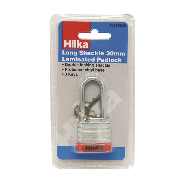 Hilka Tools 70606030 Long Shackle 30mm Laminated Padlock, Silver