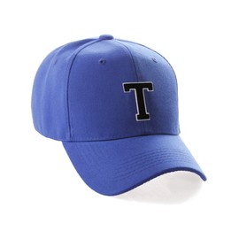Classic Baseball Hat Custom A to Z Initial Team Letter, Blue Cap White Black Letter T