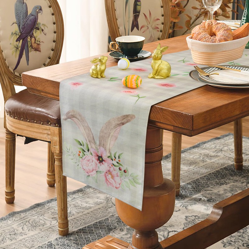 QINJIEJIE Table Runner Spring Colourful Easter Table Runner Linen Easter