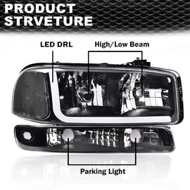 CNNELL LED Headlights Compatible with GMC 1999-2007 Sierra 1500/2500, 2001-2007 Sierra 1500HD/2500HD/3500, 1999-2006 Yukon w/Bumper Signal Lamps, Clear lens Black Housing Clear Reflector