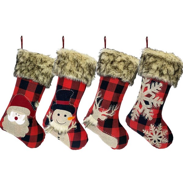Set of 4 Christmas Stockings, Large Santa Stockings, Christmas Stockings, 46.5 cm, Christmas Stockings for Children, Santa Claus Stockings for Filling, Fireplace, Snowman, Santa, Reindeer, Christmas Tree