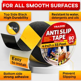 Trazon Grip Tape - Heavy Duty Anti Slip Tape for Stairs Outdoor/Indoor Waterproof 4Inch x 35Ft Safety Non Skid Roll for Stair Steps Ramp Traction Tread Staircases Grips Non Slip Strips Walk Black and Yellow