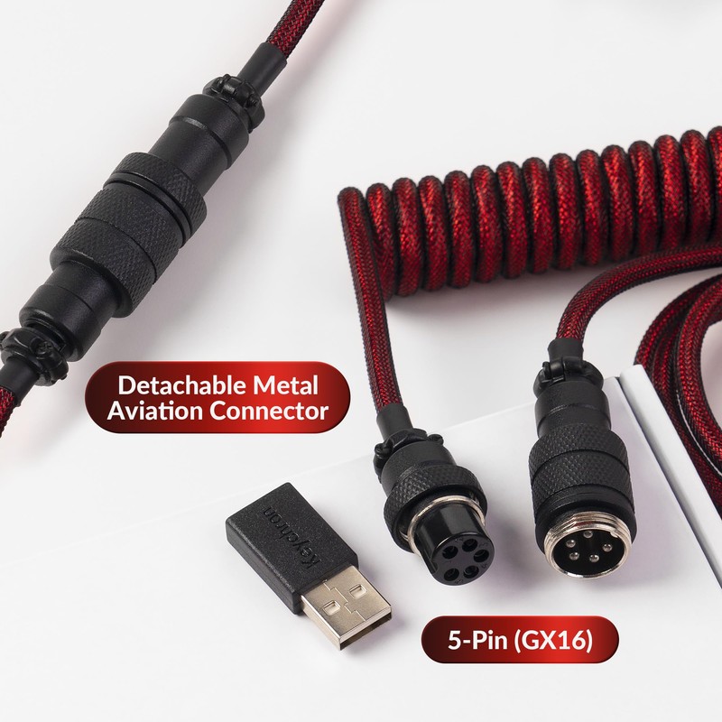 Keychron Premium Coiled USB-C Angled Red Cable, 5-Pin GX16 Detachable