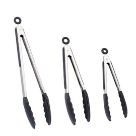 Obsoorth Stainless Steel Kitchen Tongs for Cooking with Silicone Tips Set of 3 (7, 9, 12 Inches) Heavy Duty Grilling Locking in Kitchen BBQ Air Fryer Nonstick Cookware (Black)
