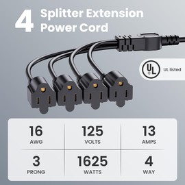 Extension Cord with 1 to 4 Splitter 16 AWG 13A 1625W 20 Inch Black 2 Pack | Outdoor Y-Style SJTW Cord NEMA 5-15P to 5-15R