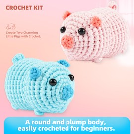 MOREJMTT Crochet Kit for Beginners, Learn to Crochet, Include Easy Knitting Soft Yarn, Step-by-Step Video Tutorial, Hook, Holiday Birthday Gift for Adults and Kids(Pink Pig & Blue Pig)