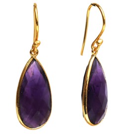 Gempires Amethyst Faceted Long Pear Gemstone Drop Dangle Hook Earrings, Statement Jewelry For Her, 1.5 inch Drop 14K Gold Plated, Gift For Woman (Amethyst)