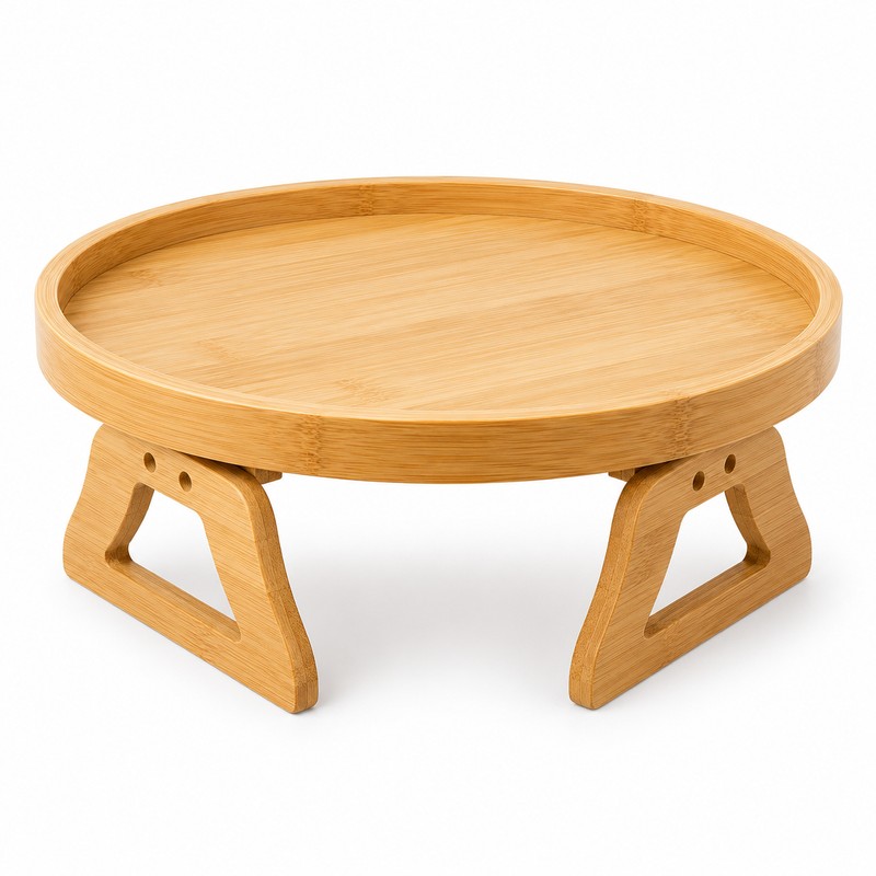 Bamboo Sofa Armrest Tray Table, Clip-On Round Couch Tray for