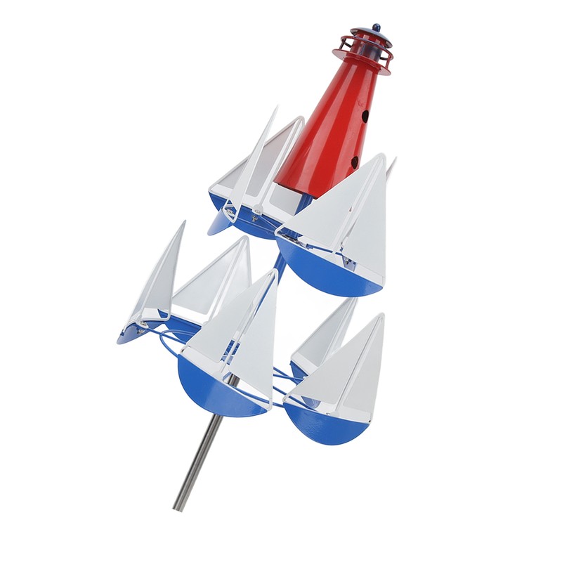Summer Lighthouse Sailboat Windmills 360 Degree Rotation Weathervane Metal Windmill
