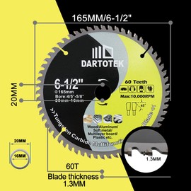 DARTOTEK TCT Carbide Saw Blade 60T Tipped Teeth Circular Multi Material Cutting Disc with 20/16mm Washer for Wood Aluminium Plastic 165mm