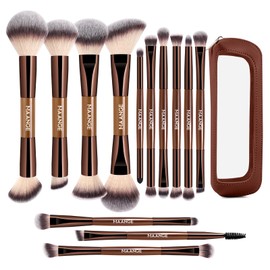 MAANGE 13 Pcs Foundation Makeup Brush Set With Bag, Make up Brushes, Double-End Multi Functional Makeup Brushes, Professional Face Brush Set Tools For Liquid Powder Concealer Cream Blush (Coffee)