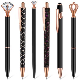 Qeeenar 6 Pcs Ballpoint Pens Set Metal Crystal Diamond Pen for Journaling Glitter Pretty Cute Stationery Black Ink Fancy Gifts for Women Girls Teacher Office Wedding School Supplies(Black)